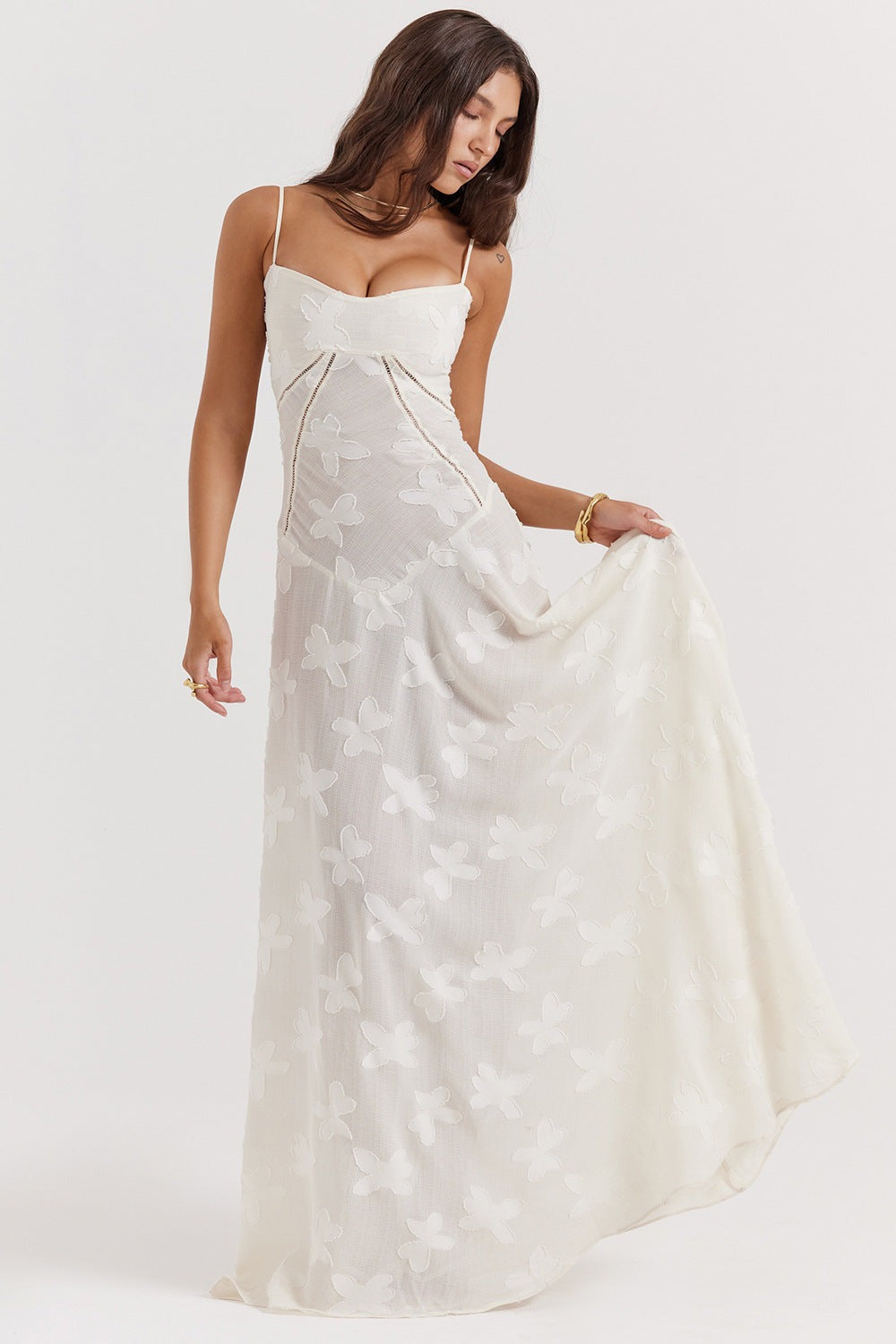 White Katarina women's satin slip maxi dress with floral jacquard, front view