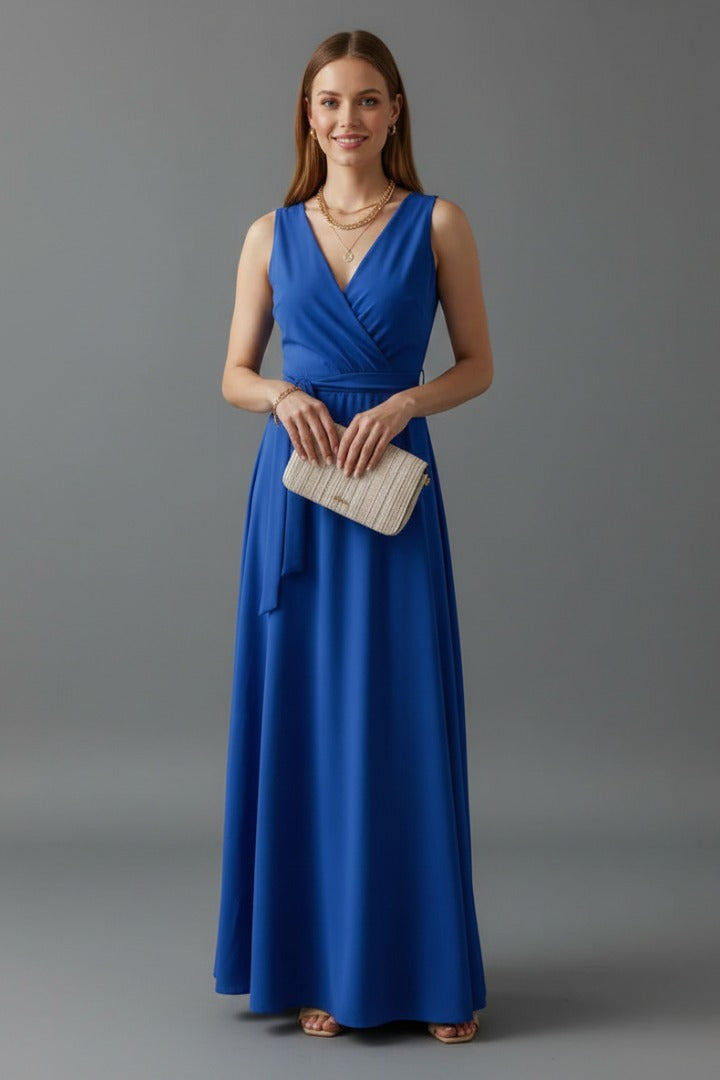 Matilda women's wedding guest satin wrap maxi dress in blue, front view on model