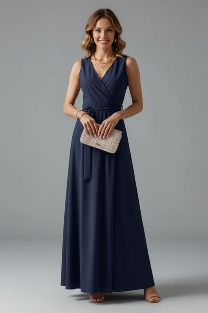 Dark blue Matilda women's satin wrap maxi dress, full-length front view on model