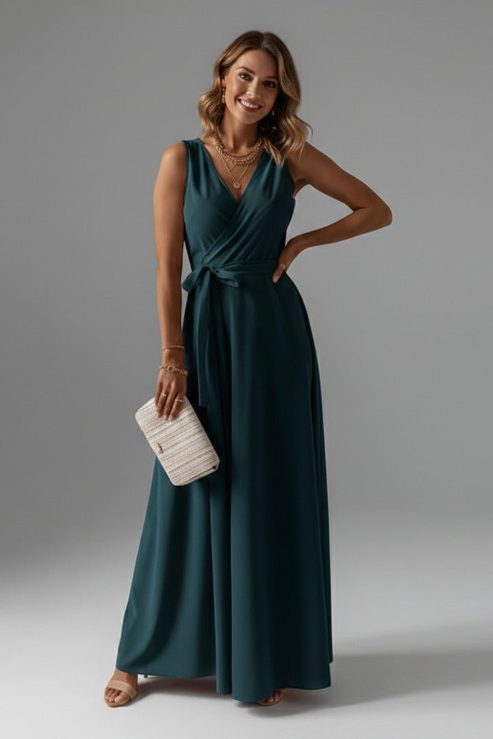 Matilda women's wedding guest satin wrap maxi dress in green, front view on model
