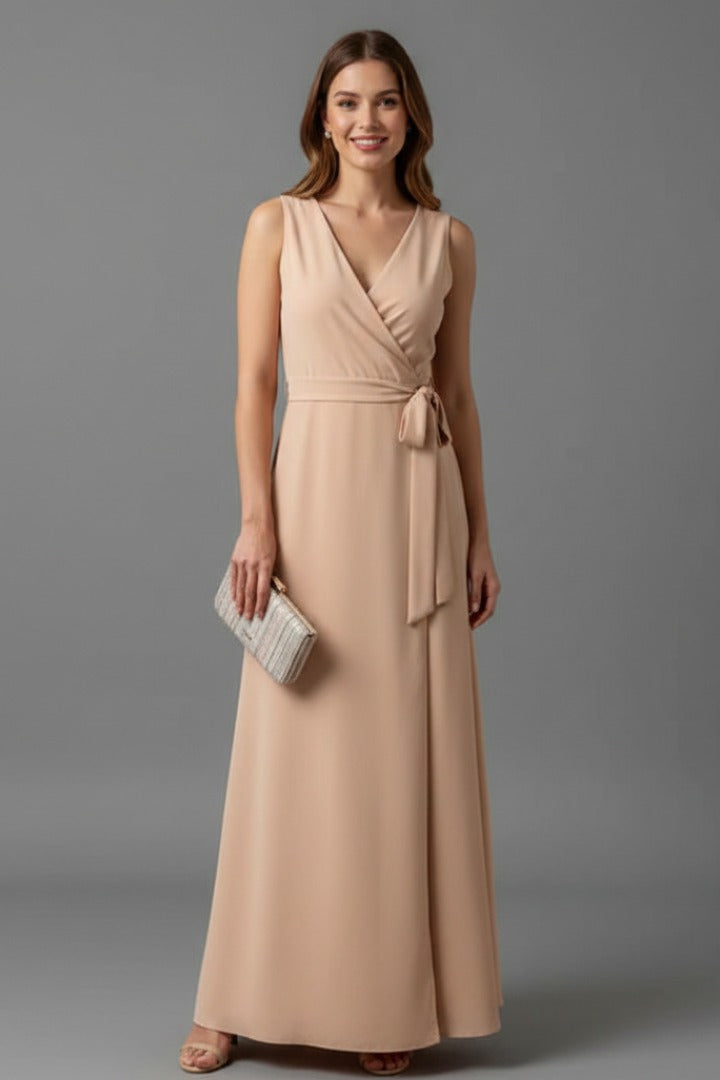 Khaki Matilda women's satin wrap maxi dress, front view with tie waist detail