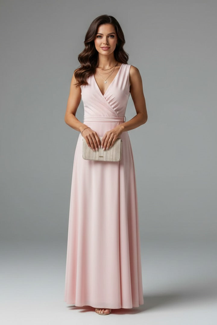 Pink Matilda women's satin wrap maxi dress, full-length front view on model