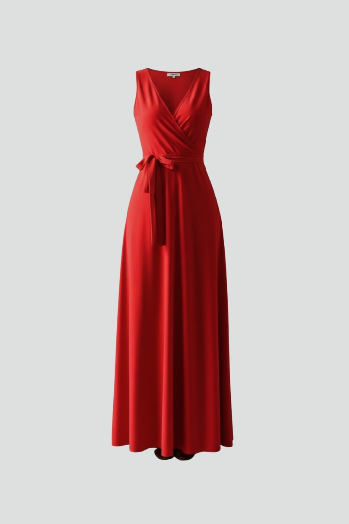 Matilda women's wedding guest satin wrap maxi dress in red, shown flat front view