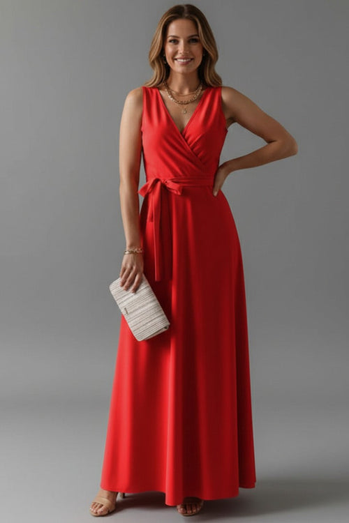 Red Matilda women's satin wrap maxi dress, full-length front view on model