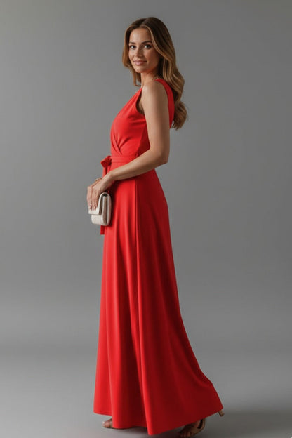 Matilda red satin wrap maxi dress for women, side view showing the flared skirt