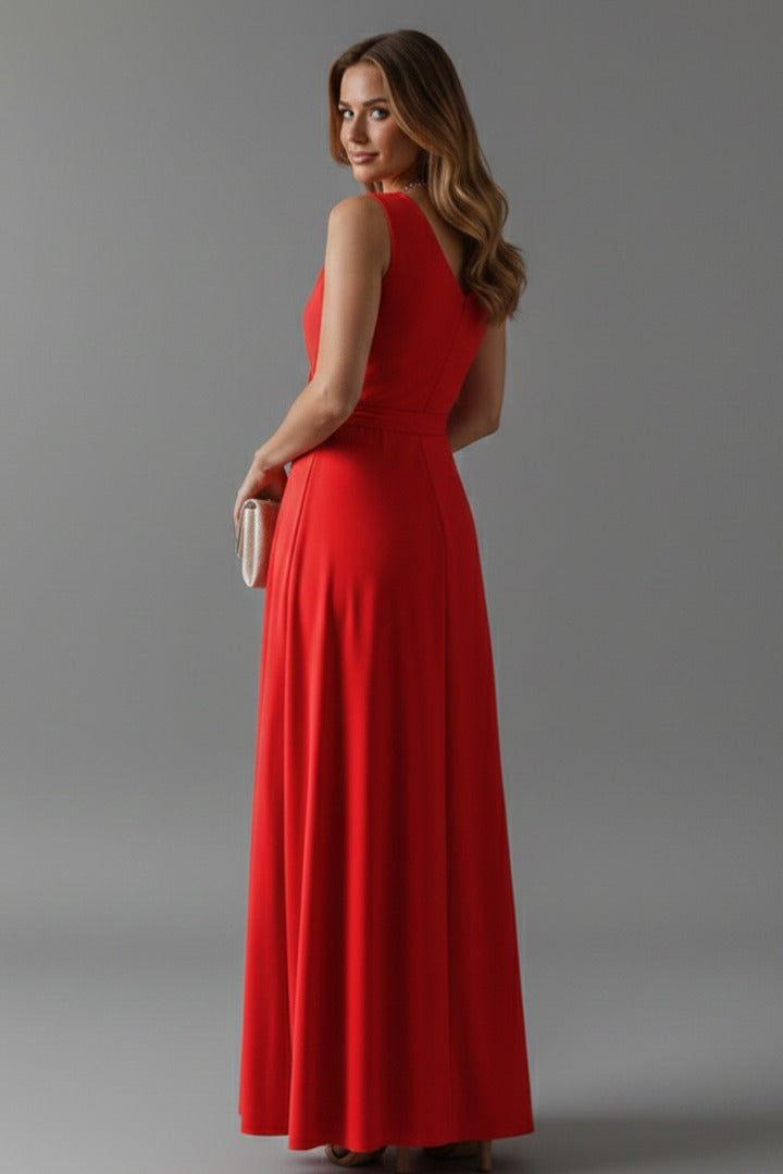 Back view of the Matilda women's red wedding guest satin wrap maxi dress