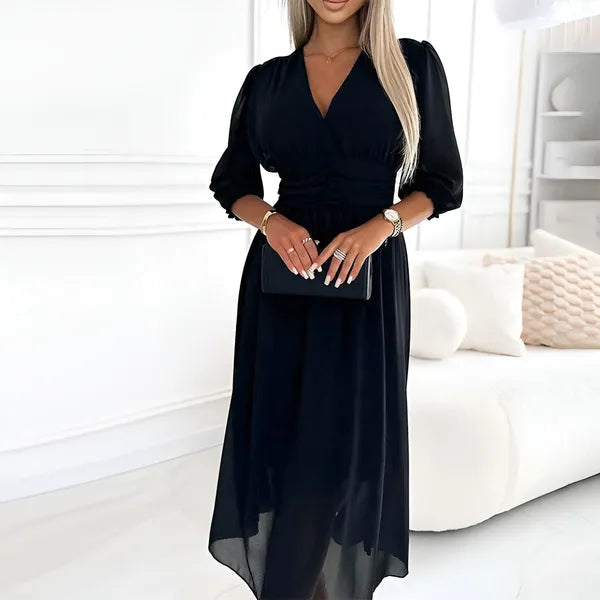 Women's Wedding Guest Satin Wrap Midi Dress – Ophelia in Black, front view on model