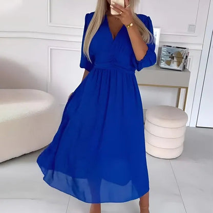 Women's Wedding Guest Satin Wrap Midi Dress – Ophelia in Blue, styled front view on model