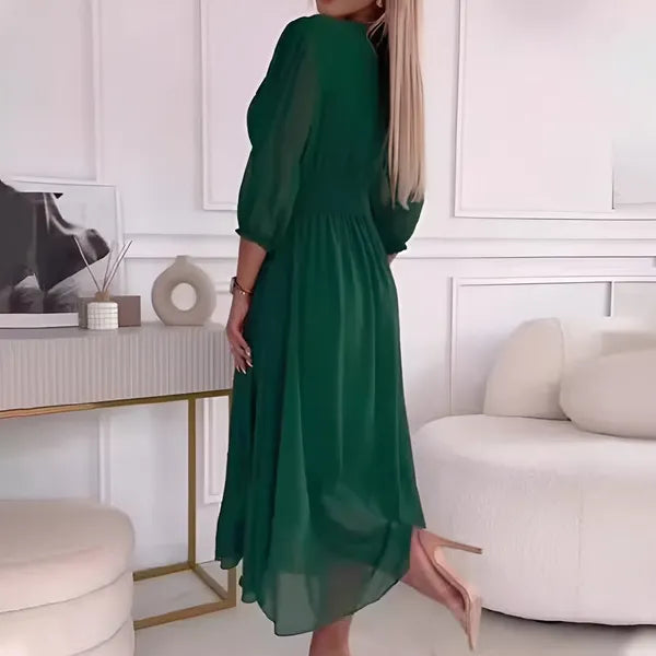 Women's Wedding Guest Satin Wrap Midi Dress – Ophelia in Green, side view on model
