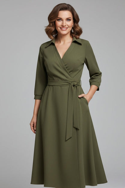 Women's Wedding Guest Wrap Midi Dress – Rowena in Army Green, front view on model