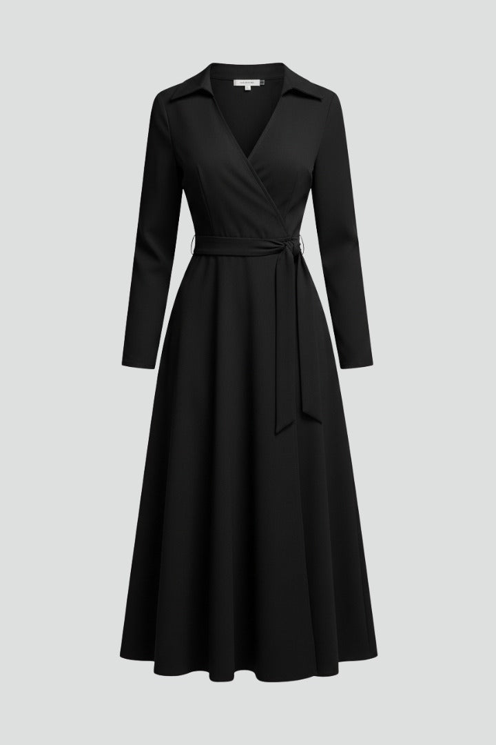 Women's Wedding Guest Wrap Midi Dress – Rowena in Black, flat lay product photo, no model