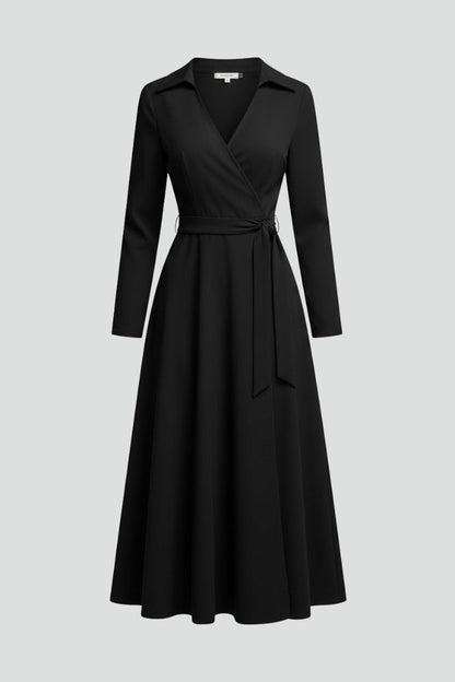Women's Wedding Guest Wrap Midi Dress – Rowena in Black, flat lay product photo, no model