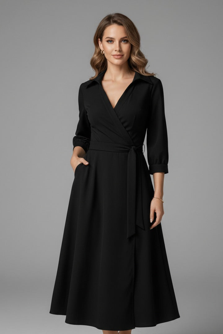 Women's Wedding Guest Wrap Midi Dress – Rowena in Black, front view on model