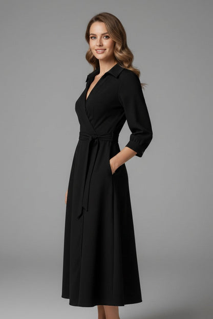 Women's Wedding Guest Wrap Midi Dress – Rowena in Black, side view on model