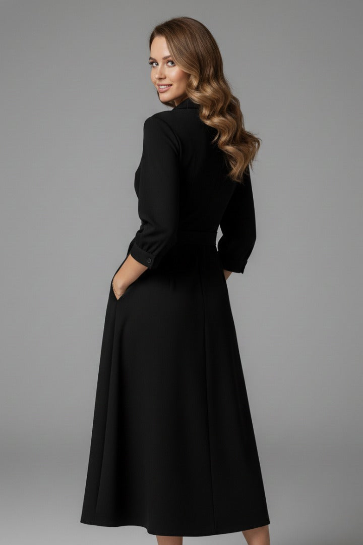 Women's Wedding Guest Wrap Midi Dress – Rowena in Black, back view on model