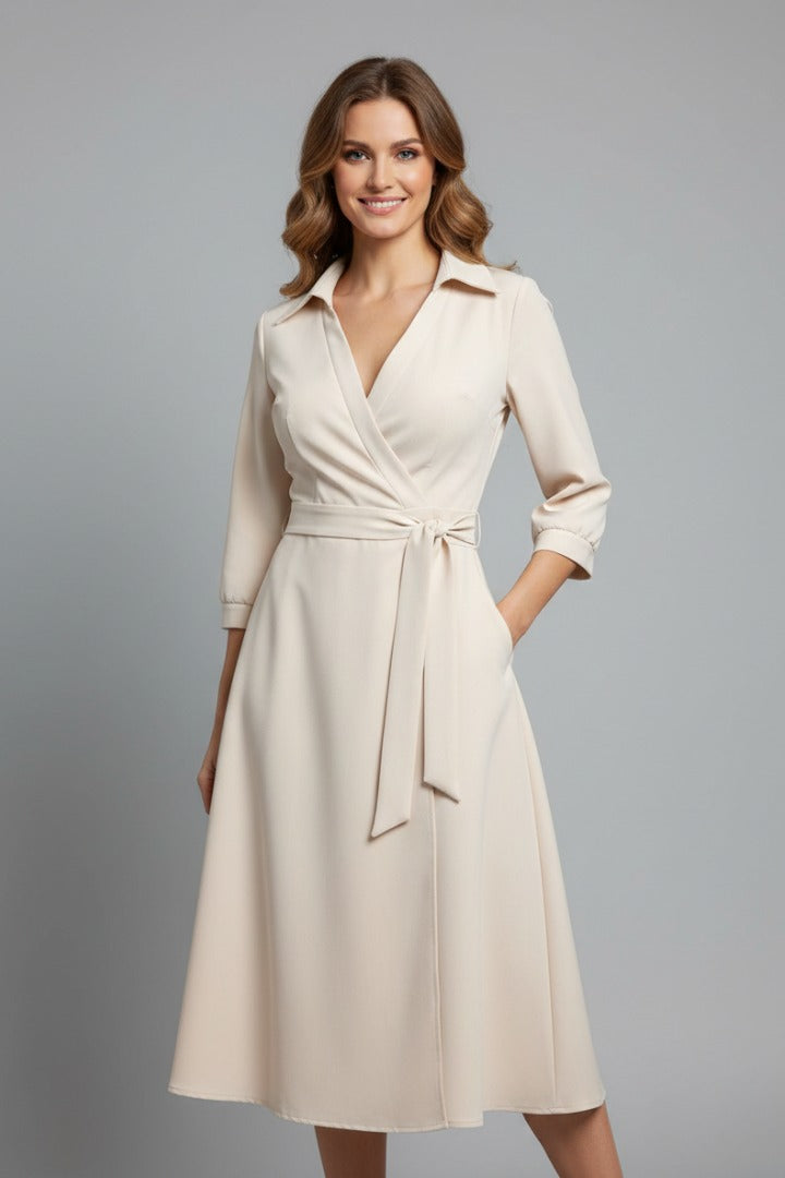 Women's Wedding Guest Wrap Midi Dress – Rowena in Khaki, front view on model