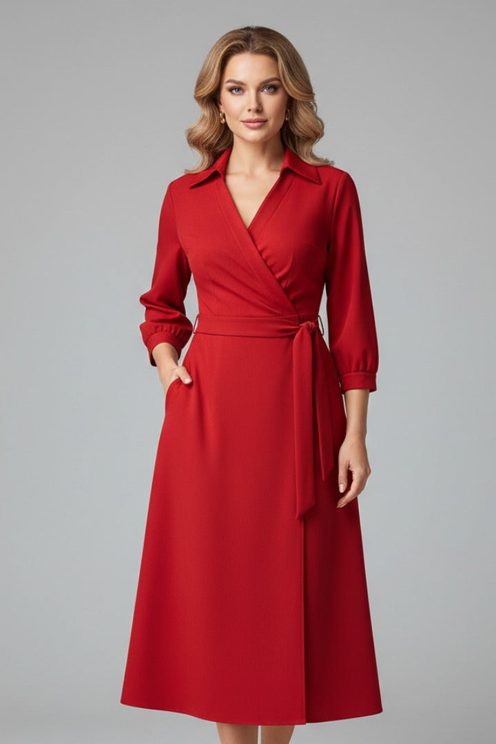 Women's Wedding Guest Wrap Midi Dress – Rowena in Red, front view on model