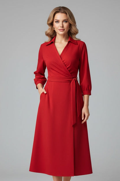 Women's Wedding Guest Wrap Midi Dress – Rowena in Red, front view on model