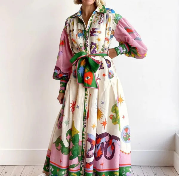 Cersi women's wrap long sleeve maxi dress in multicolor print, front view on model