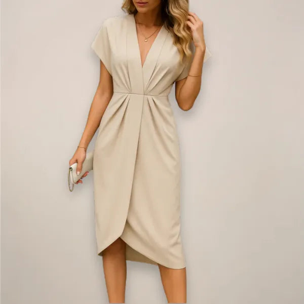 Women's Wrap Midi Dress – Lyza in Beige, front view on model