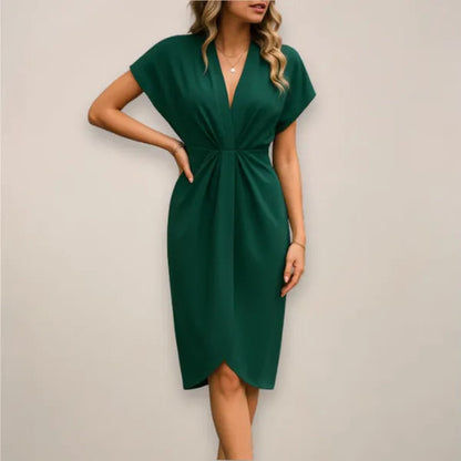 Women's Wrap Midi Dress – Lyza in Dark Green, front view on model