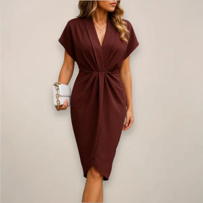 Women's Wrap Midi Dress – Lyza in Red Wine, front view on model