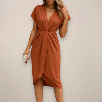 Women's Wrap Midi Dress – Lyza in Rust, front view on model, studio product photo