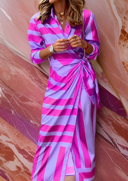 Sassa women's wrap midi dress in purple striped satin, front view on model