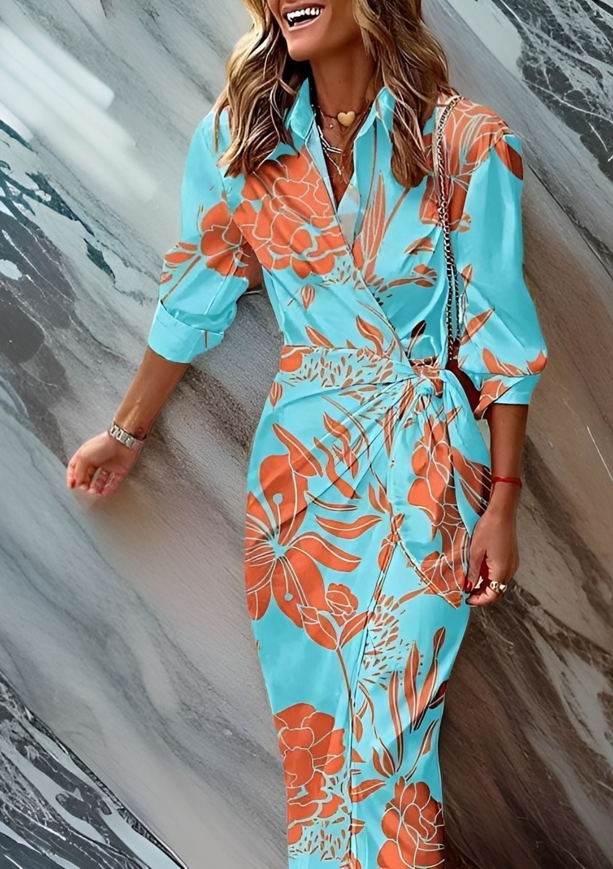Sassa wrap midi dress in turquoise with orange floral print, front view