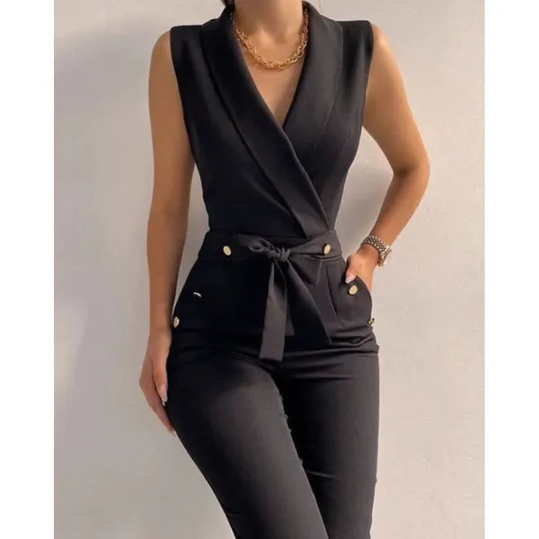 Flaur women's wrap tied waist jumpsuit in black, cropped front view on model