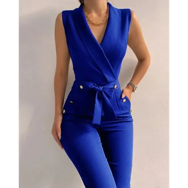 Royal blue Flaur women's wrap tied waist jumpsuit, front view with the belt tie