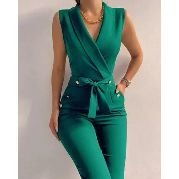 Green Flaur women's wrap tied waist jumpsuit, front view of the tailored collar