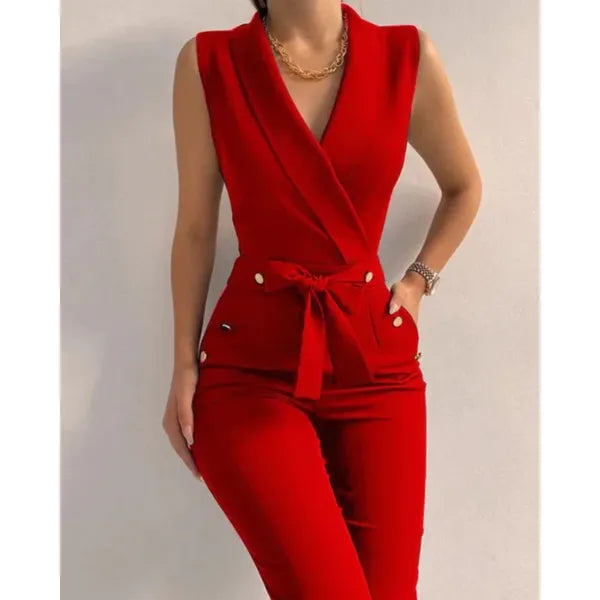 Red Flaur women's wrap tied waist jumpsuit, front view of the wrap bodice