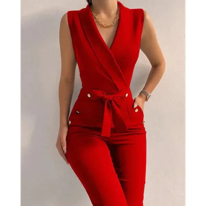 Red Flaur women's wrap tied waist jumpsuit, front view of the wrap bodice