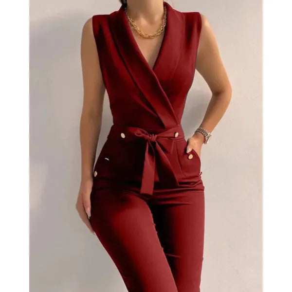 Wine red Flaur women's wrap tied waist jumpsuit with gold buttons, front view