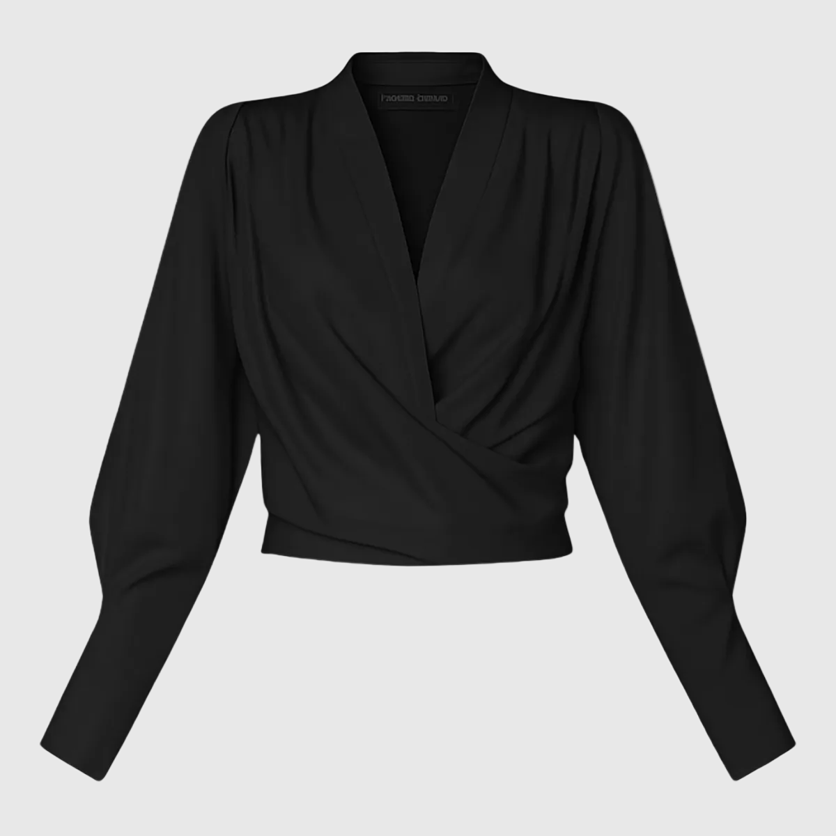 Black Thalassa women's wrap V-neck blouse shown flat from the front