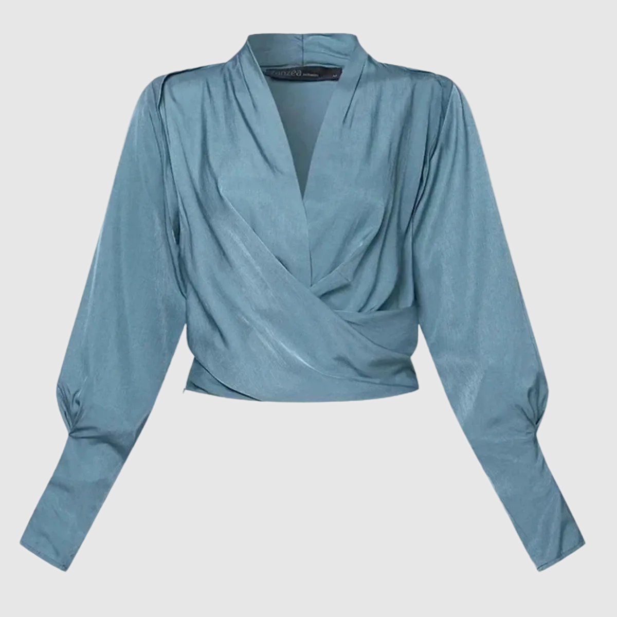 Blue Thalassa women's wrap V-neck blouse, flat front view of the draped wrap