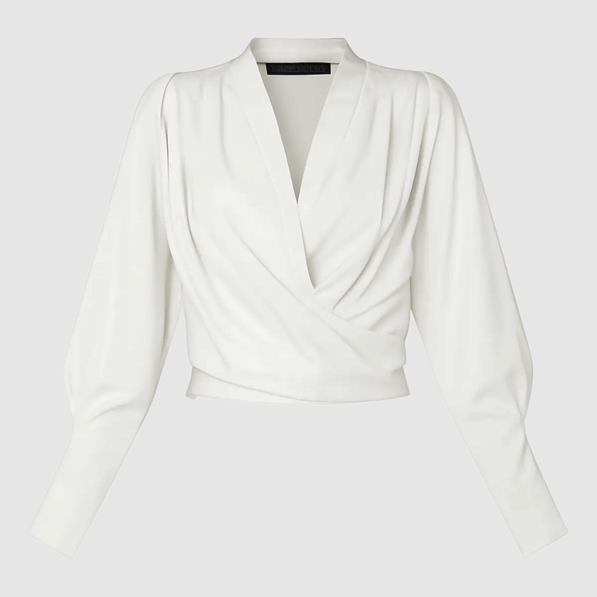 Thalassa women's wrap V-neck blouse in white, flat product view of the front