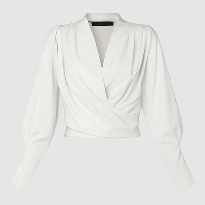 Thalassa women's wrap V-neck blouse in white, flat product view of the front