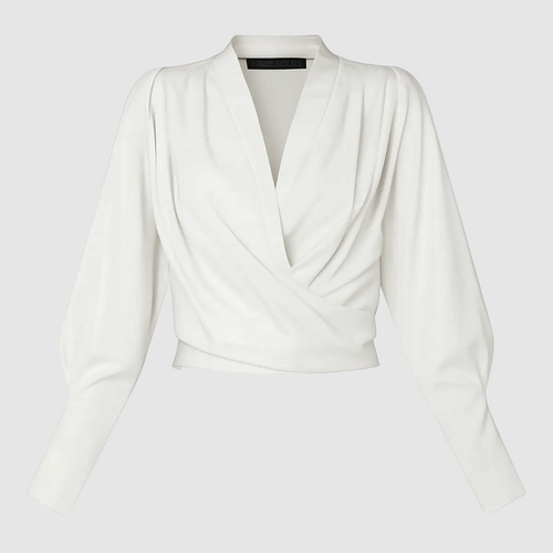 Thalassa women's wrap V-neck blouse in white, flat product view of the front